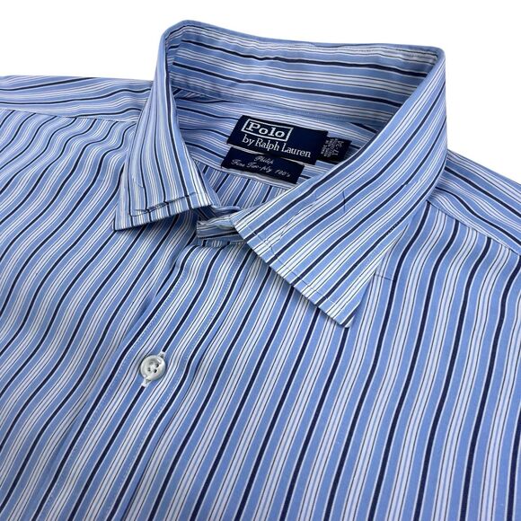 Vintage Polo Ralph Lauren Shirt Men 17 34 Blue Stripe Oxford OCBD Fine Two Ply - Picture 1 of 10
